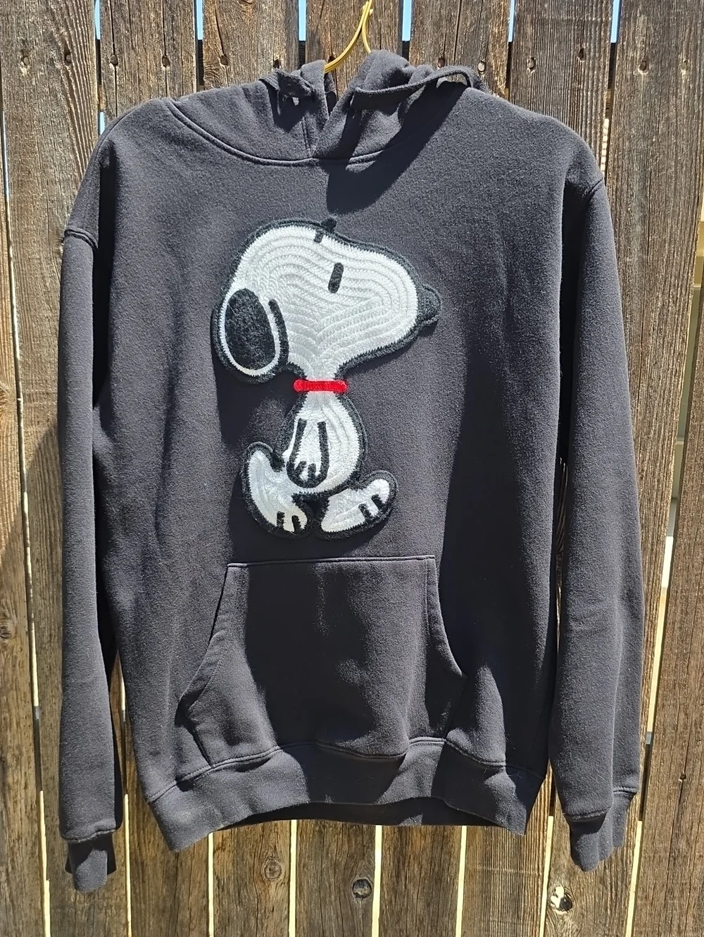 Peanuts Black Hoodie with Snoopy Patch and Red Collar Accent